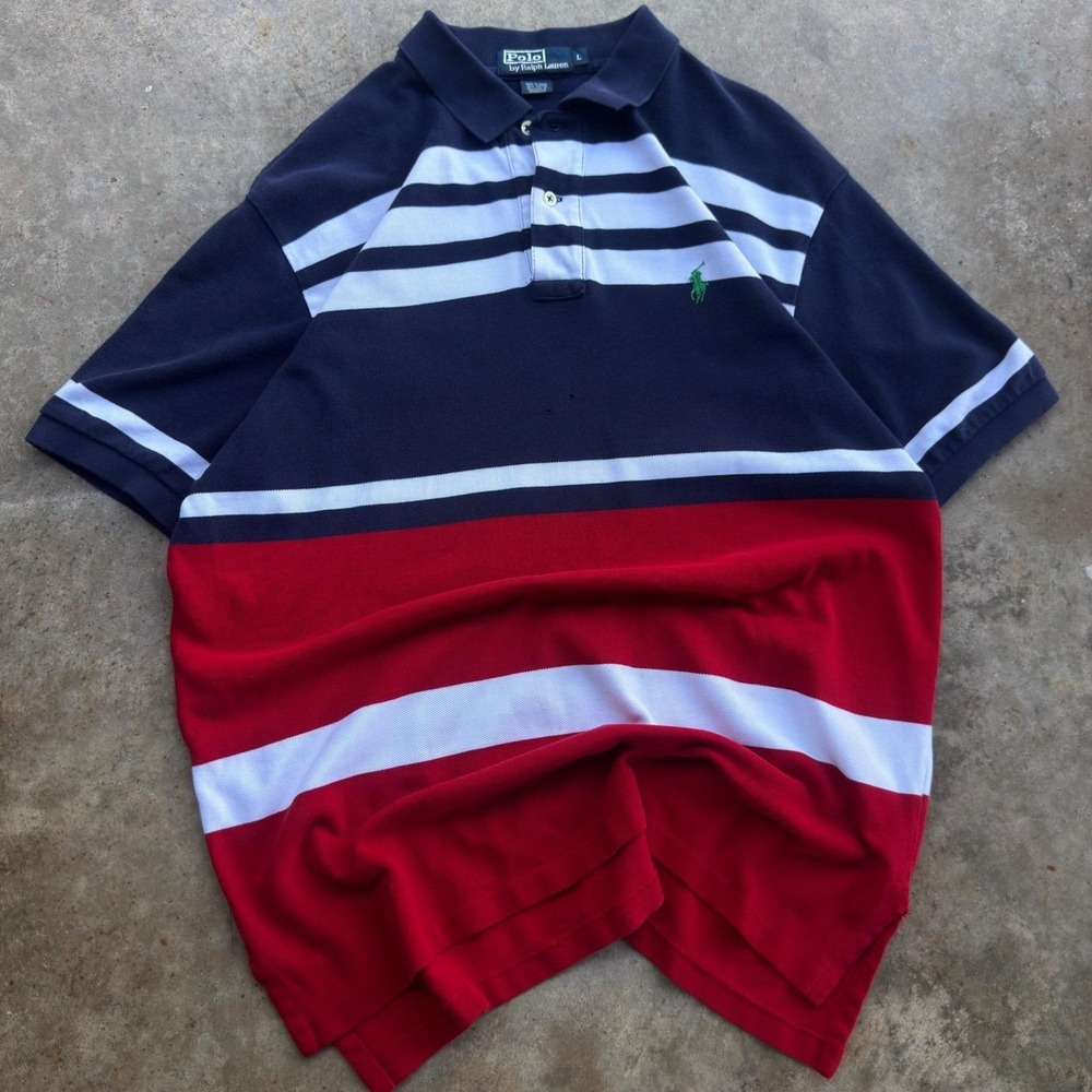Vintage 90s‎ Polo Ralph Lauren Striped Colorblock Polo Shirt Navy Red L (h1)